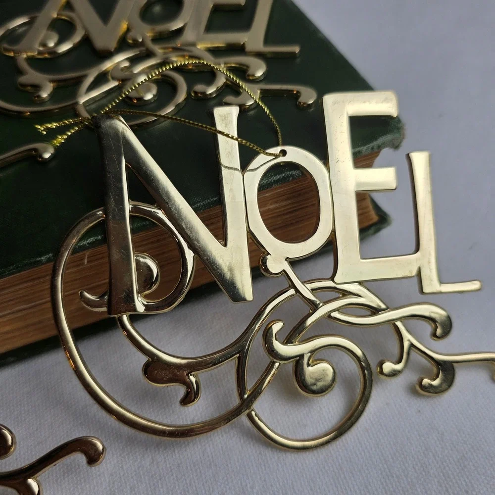 Gold Metal Joy Noel Christmas Ornaments Set of 4 Filigree Scrollwork Holiday